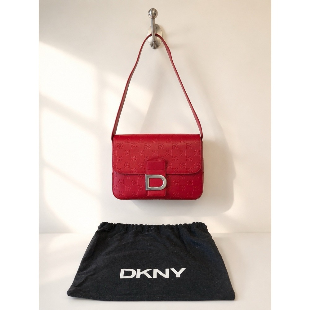 Vtg DKNY Logo Red Leather Small Shoulder Bag Purse Y2K Academia W/ Dust Bag - Picture 1 of 12
